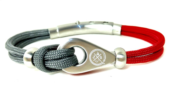Double Cord in Reflective Gray / Red with SS Pulley & Beads Brushed Silver