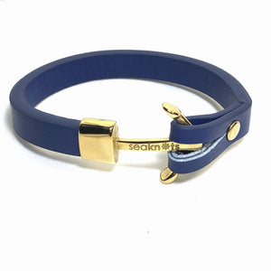 Blue Leather Bracelet with Gold Anchor