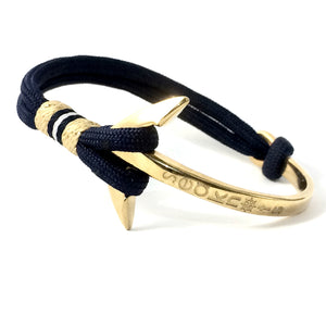 Double Cord Black Bracelet with SS Half Bangle Anchor Gold