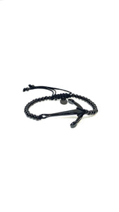 Small SS Beads Bracelet with Anchor Black