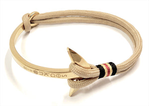 Double Cord Beige Bracelet with SS Half Bangle Anchor Gold