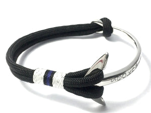 Double Cord Black Bracelet with SS Half Bangle Anchor Silver