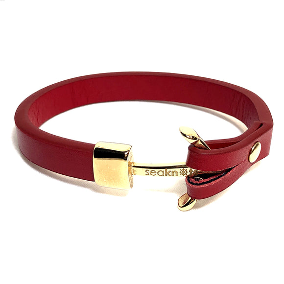 Red Leather Bracelet with Gold Anchor