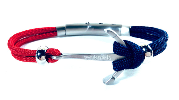 Double Cord Navy / Red with SS Anchor & Beads Brushed Silver