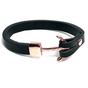 Black Leather Bracelet with Rose Gold Anchor